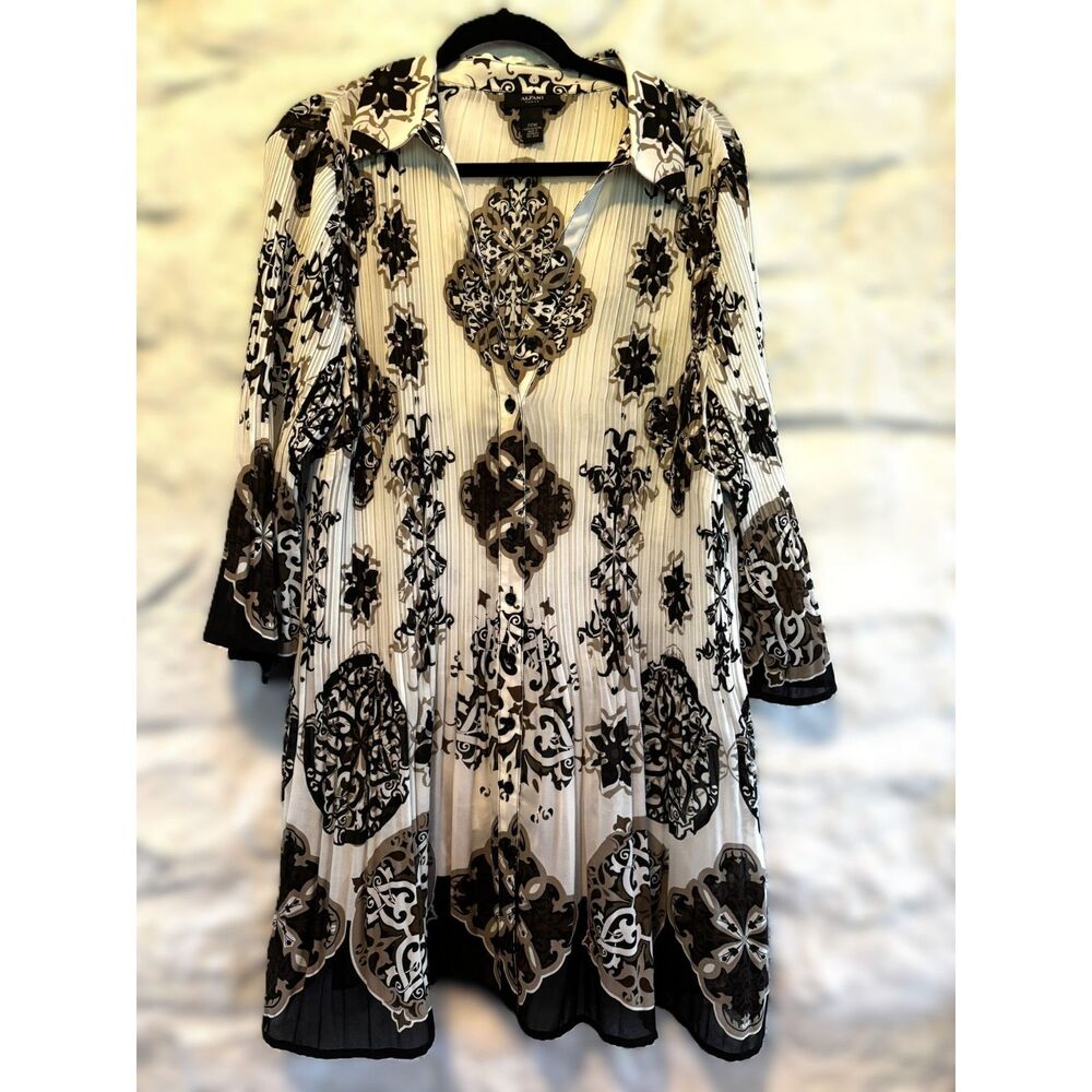 Pleated Tunic Blouse Baroque Print Button Front Bell Sleeve Boho Top 20W NWOT